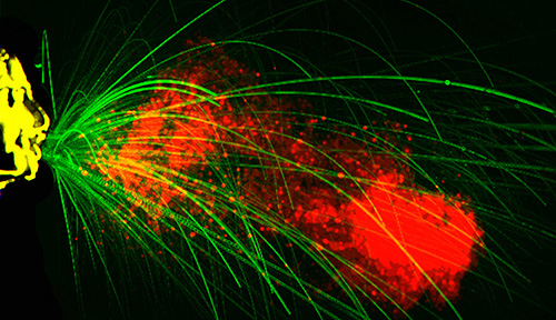 A falsely colored image combines a time-lapse image of the trajectory of larger droplets and the still image showing the distribution of a diffuse gas cloud of saliva and mucus. Most of the larger droplets are pulled down by gravity well before the smaller droplets carried in the gas cloud.