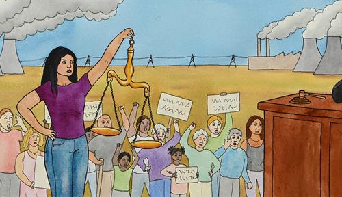 Illustration shows a judge behind a bench and a young person holding up the scales of justice. In the background are activists holding campaign placards and smokestacks pouring smoke into the air.