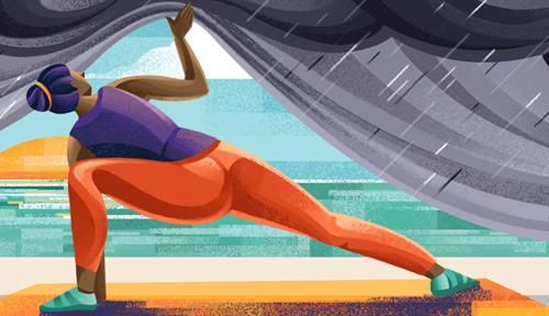 Illustration shows a woman exercising. As she stretches, she lifts a veil of gloom to reveal a sunny background.