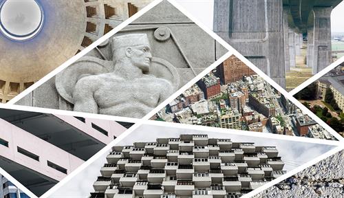 A collage of concrete buildings and other structures