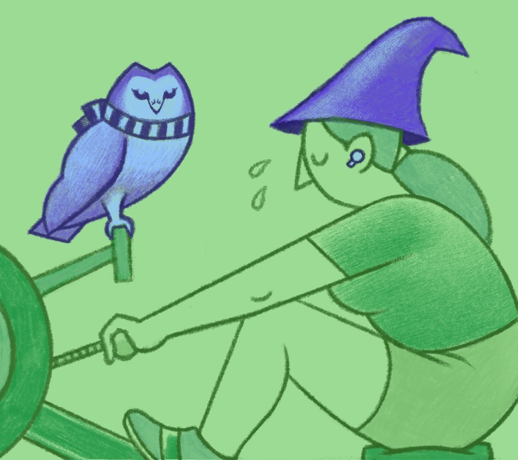 Exercise reward Conceptual drawing of a woman on a rowing machine wearing a wizard hat; an owl is perched on the machine