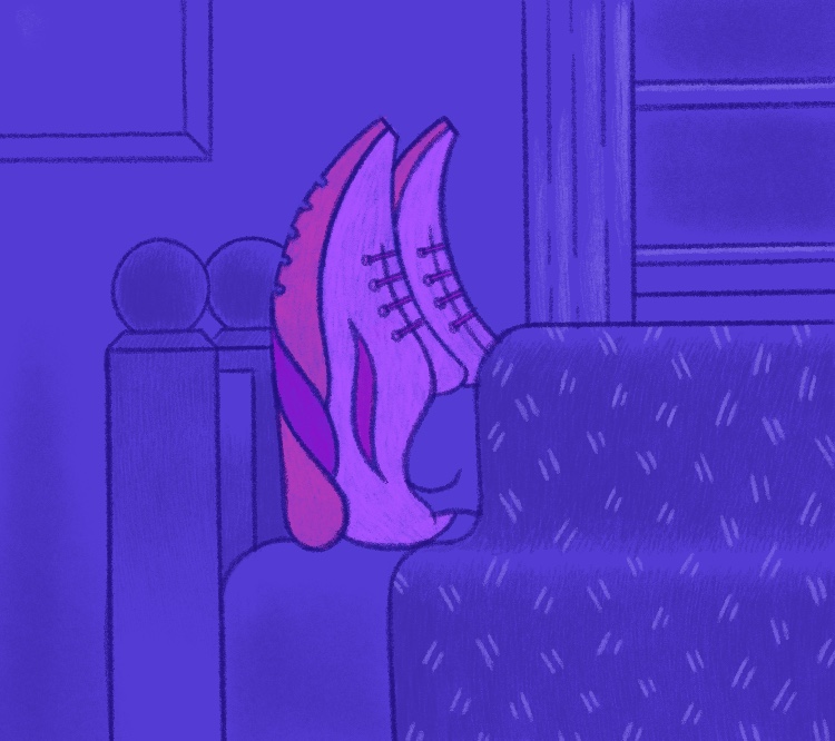 Make exercise easy Conceptual drawing of someone in bed, their feet, wearing sneakers, stick out of the sheets.