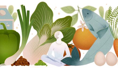 Artist's illustration depicts a variety of protein sources such as fish, vegetables, meat, eggs and dairy. A person is sitting among them all.