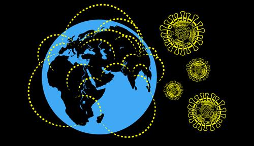 Illustration shows a networked globe with coronavirus particles.