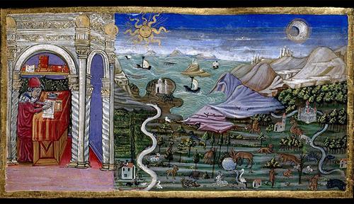 A colorful illuminated manuscript depicts Pliny the Elder writing in his study with a Roman arch, dressed in red robes. Next to him is a view of a landscape with a river, sea, mountains, the Sun, the Moon, animals, sailing ships and buildings. Manuscript also has a large white vine initial and a three-sided white vine border containing birds and a wreath enclosing the arms of cardinal Aeneas Sylvius Piccolomin.