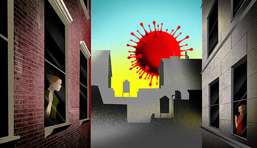 Conceptual illustration shows a cityscape, two people staring out of windows and a giant red coronavirus hovering in the sky.