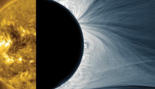 Image shows a view of the sun and its corona. Half of the image is taken in UV light. The right half of the image shows the sun in visible light during an eclipse, when its corona can be easily seen.