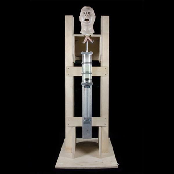 A simulated vomiter, built using a fluid-filled pipe, a piston and a pneumatic ram, all topped off with a manikin head, Airway Larry, borrowed from a CPR training kit. A simulated vomiter, built using a fluid-filled pipe, a piston and a pneumatic ram, all topped off with a manikin head, Airway Larry, borrowed from a CPR training kit.
