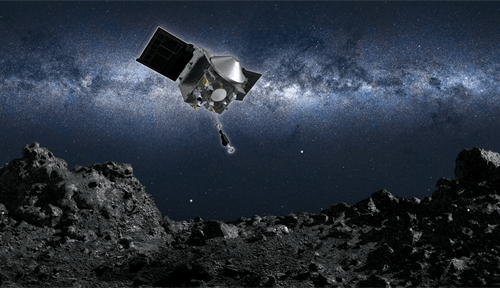 Artist’s conception of the spacecraft flying above a boulder-rich mountain on the asteroid Bennu.