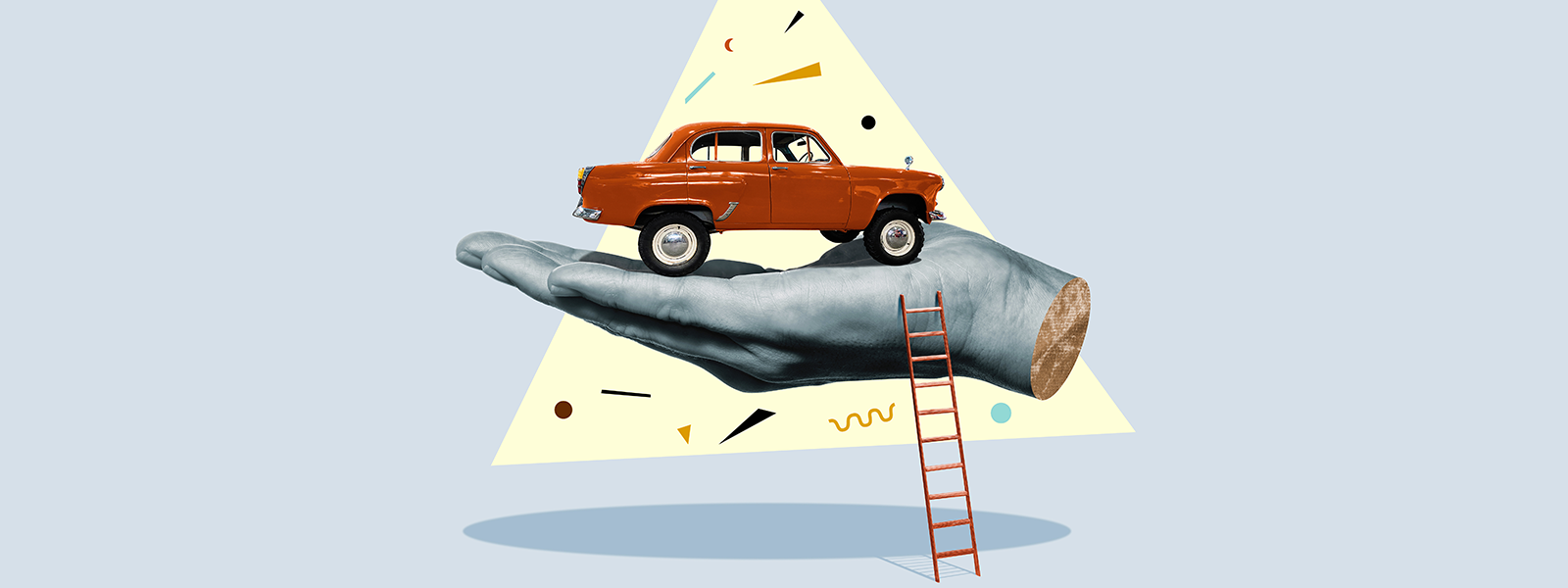 Illustration shows a hand holding a 1960s-era car.