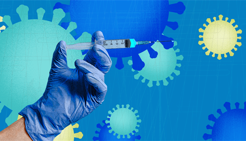 Conceptual illustration showing a gloved hand holding a needle dispensing fluid. The background has colored silhouettes of coronavirus particles.