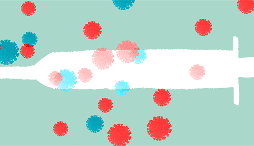 Conceptual illustration featuring a syringe and virus particles.