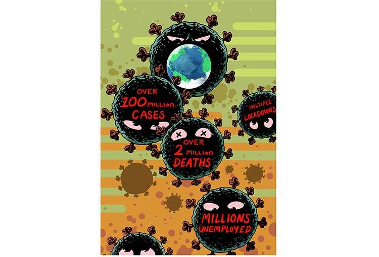 Illustration of coronaviruses displaying statistics: Over 100 million cases; over 2 million deaths; multiple lockdowns; millions unemployed