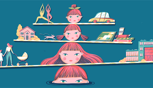 Illustration shows a woman’s head trying to literally balance the duties of home and work on a series of long boards